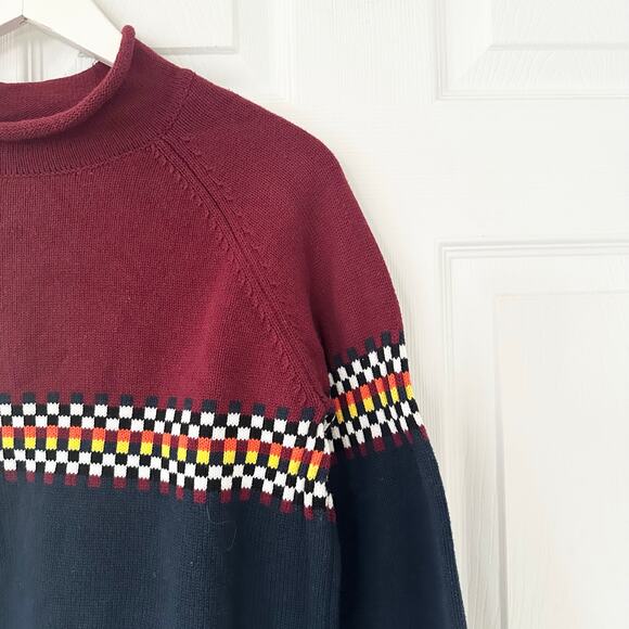 Iggy Cotton Jacquard Raglan Roll Top Knit Sweater Red Blue Checkered Small Men - Picture 6 of 11